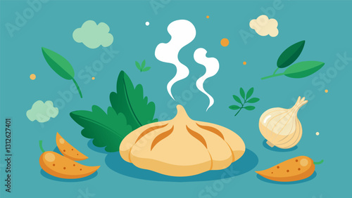 The smell of garlic and herbs wafts through the air as guests savor the aroma of freshly baked spinach and cheese borek.. Vector illustration