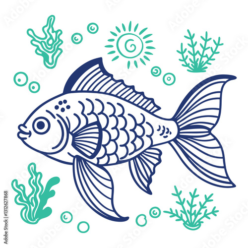 Aquatic Delight: An artistic rendition of a goldfish swims elegantly amidst playful bubbles and vibrant aquatic plants, set against an aqua backdrop.