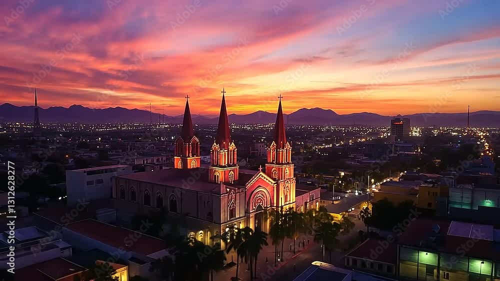 Aerial view of a vibrant sunset over a cityscape featuring a cathedral with spires Aerial view of a vibrant sunset over a cityscape featuring a cathedral with spires