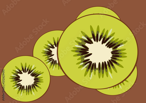 Kiwi fruit slices seamless pattern on brown background. Vector illustration.
