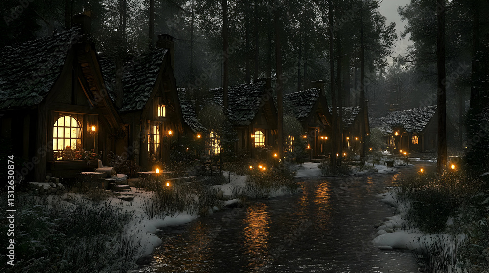Fototapeta premium Snowy Village nestled in a Dark Forest at Night
