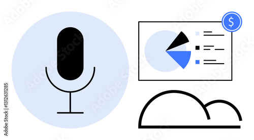 Microphone inside circle, bar and pie charts on presentation board with dollar sign, cloud icon. Ideal for finance, technology, data, audio, podcasting cloud storage analysis. Minimal flat simple