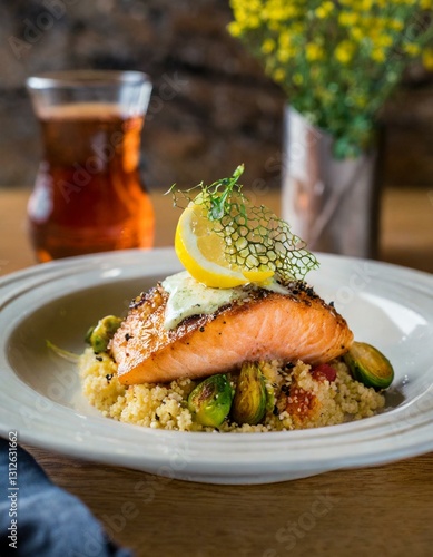 A stylish restaurant serves pan-seared salmon with quinoa, Brussels sprouts, lemon-dill yogurt, avocado, and cherry tomatoes, paired with hibiscus iced tea for a fresh, nourishing, balanced meal.