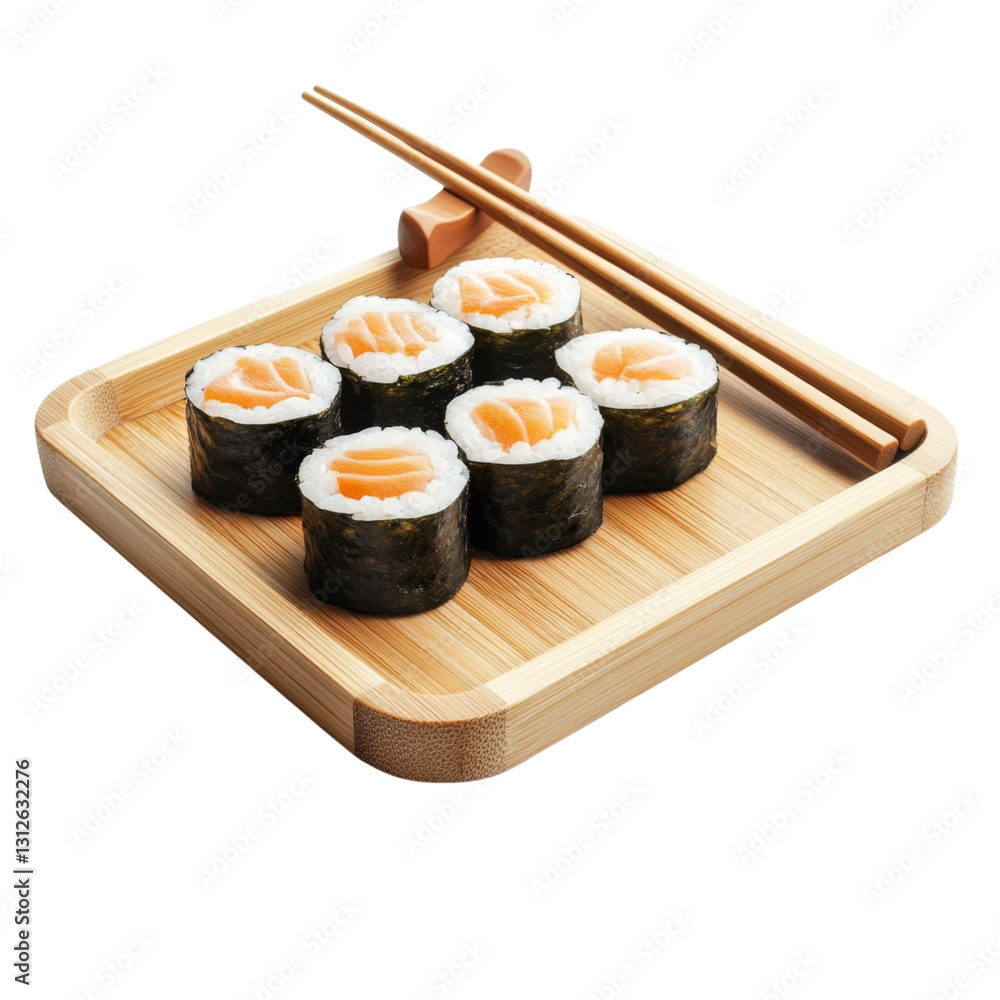 Assortment of Salmon Sushi Rolls on Bamboo Tray . Transparent background PNG Assortment of Salmon Sushi Rolls on Bamboo Tray . Transparent background PNG