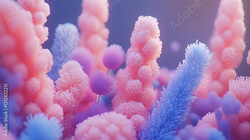 Soft Pink Purple and Blue Fuzzy Abstract Flowers 3D Render