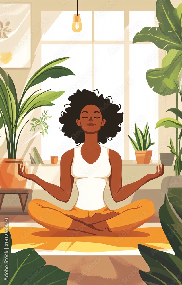 Active young female meditating at home Active young female meditating at home