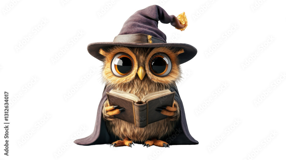 Obraz premium Cute wizard owl reading a magic book on transparent background