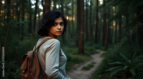 Young Woman Walking into a Tranquil Forest
