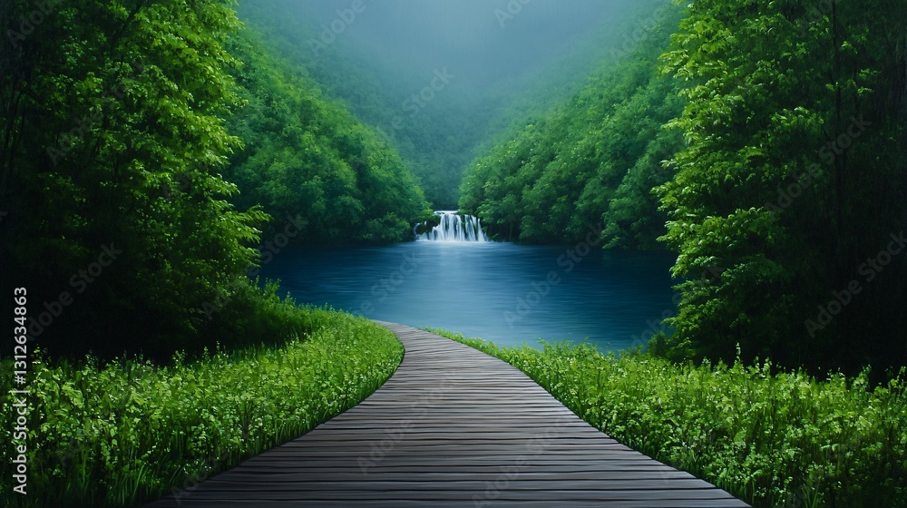 Fototapeta premium A wooden path leads towards a waterfall in a tranquil landscape