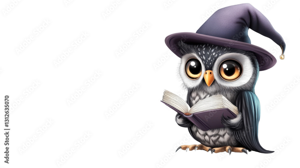 Naklejka premium Cute owl wearing wizard hat reading a magic book on transparent background