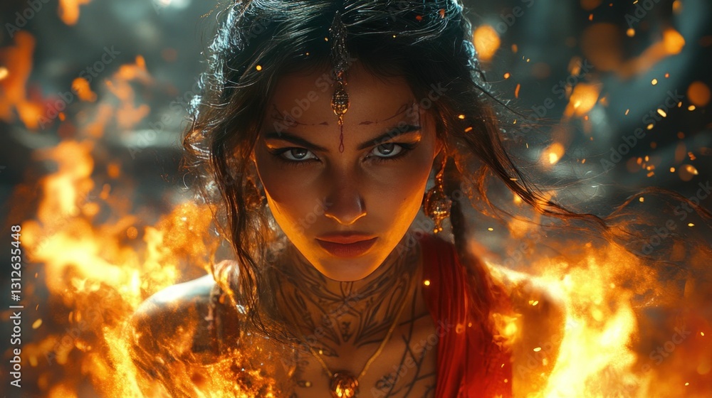 Naklejka premium Fiery woman, intense gaze, ornate jewelry, powerful presence