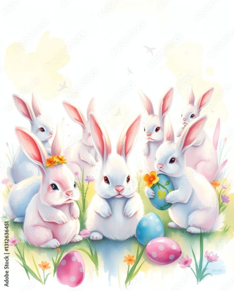 Naklejka premium Group of colorful bunnies celebrating spring with flowers and eggs in a bright, cheerful garden setting