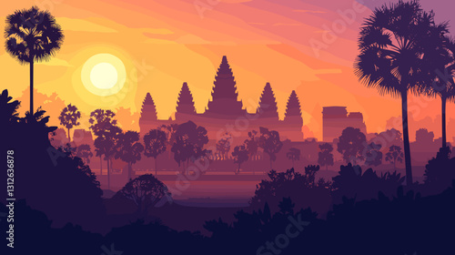 Angkor Wat temple at sunrise with lush jungle and vibrant colors
