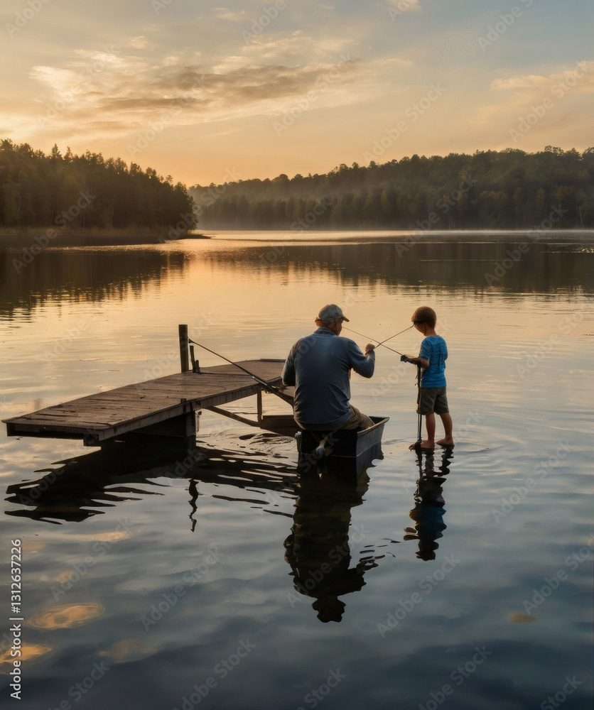 Sunset fishing adventure on a tranquil lake with a grandfather and grandson bonding over shared stories Sunset fishing adventure on a tranquil lake with a grandfather and grandson bonding over shared stories