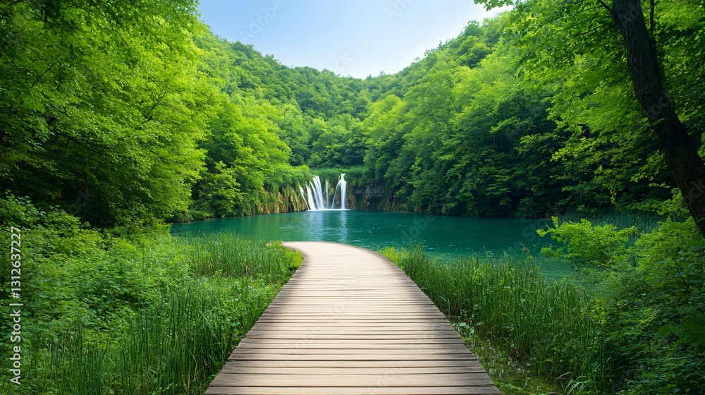 Obraz premium A wooden pathway leads to a waterfall surrounded by lush green trees
