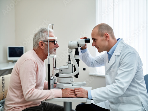 An eye doctor examines an elderly man’s vision using a slit lamp in a medical office.