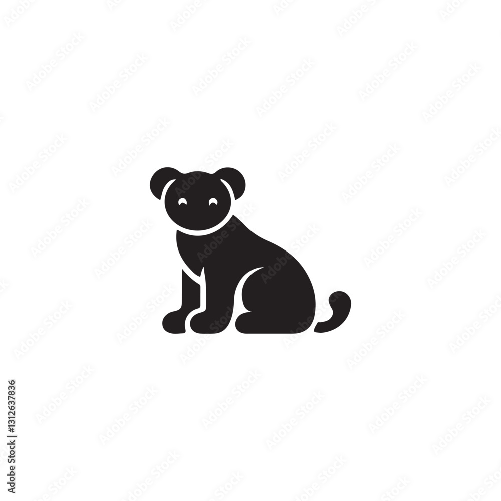 Naklejka premium Cute Sitting Wild Animal Icon.Simple, black and white silhouette of a small, seated wild animal, likely a cub or young predator.