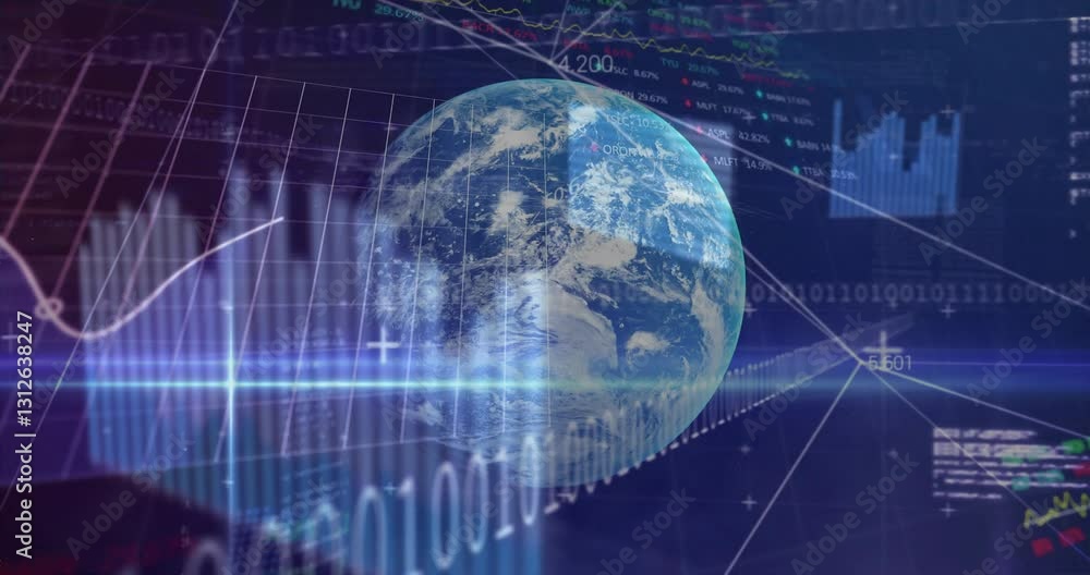 Globe and financial data processing animation over digital graphs and charts Globe and financial data processing animation over digital graphs and charts