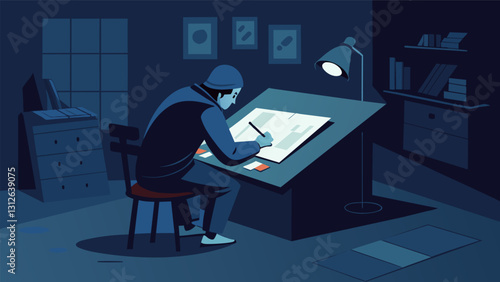 In a dimly lit studio a lone figure crouches over a drawing board carefully inking the pages of their latest graphic novel.. Vector illustration