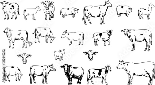 Engraved farm animal icon set. Vintage monochrome vector illustrations of livestock.