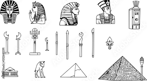 Engraved Egyptian icon set. Monochrome vector illustrations of pharaohs pyramids and ancient symbols.