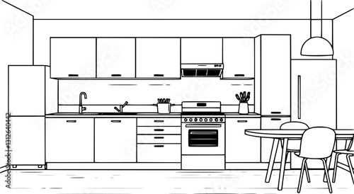 Minimalist kitchen outline with dining table and cabinets elegant vector illustration.