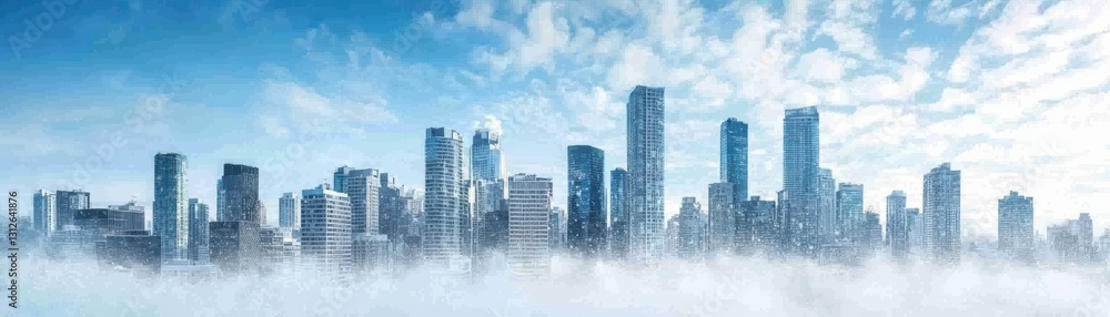 Fototapeta premium Heavy Snow Covers Cityscape in Winter Wonderland with Cloudy Sky and Rising Buildings