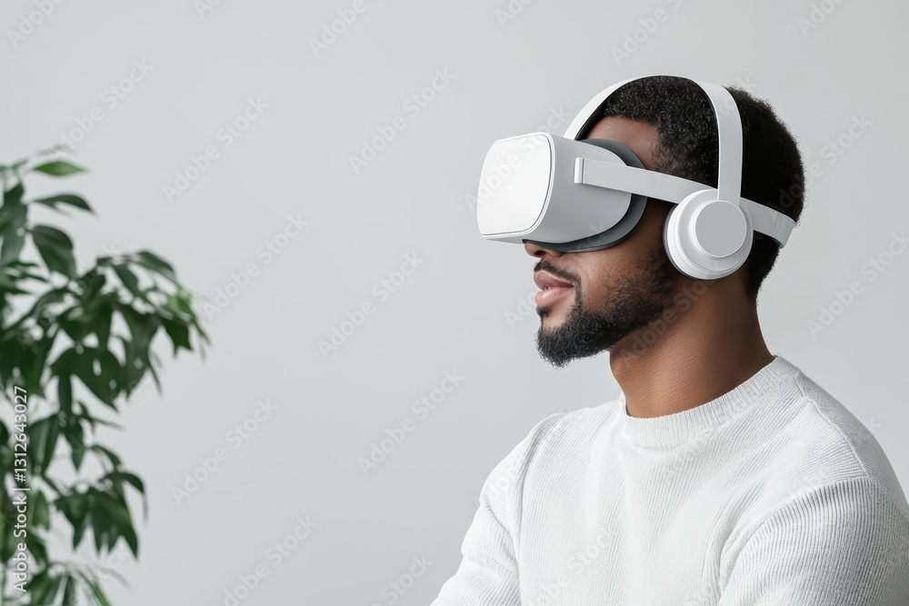 Young Professional Engaged in AI Technology with Virtual Reality Headset and Headphones Young Professional Engaged in AI Technology with Virtual Reality Headset and Headphones