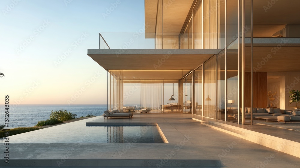 Fototapeta premium Modern Coastal Villa, Sunset Serenity