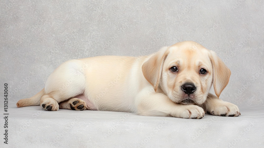 Adorable Yellow Labrador Retriever Puppy Lying on Grey Background Adorable Yellow Labrador Retriever Puppy Lying on Grey Background