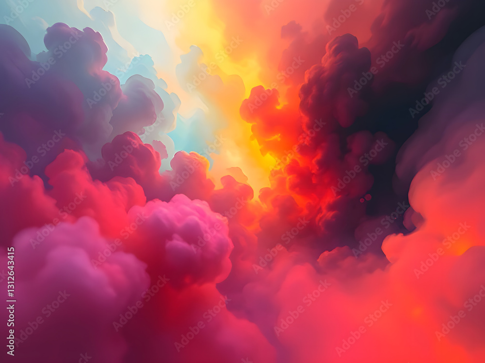 Fototapeta premium Vibrant Abstract Cloudscape Colorful Sky with Pink, Orange, & Yellow Hues, Dreamy Art