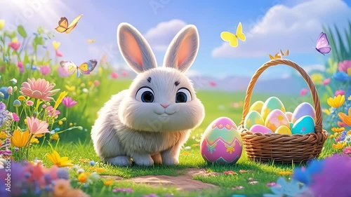 Wallpaper Mural Cute rabbit standing and talking next to a basket of colored eggs in a meadow, 3D animation Torontodigital.ca
