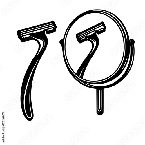 Black and white outline vector illustration of a razor and its reflection in a round mirror, symbolizing symmetry and reflection in everyday hygiene