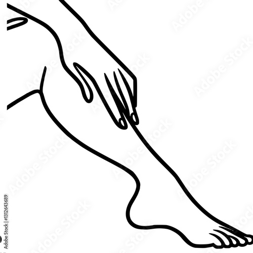 Simple vector outline line illustration of female hand on smooth bent leg, shaved legs, left side view