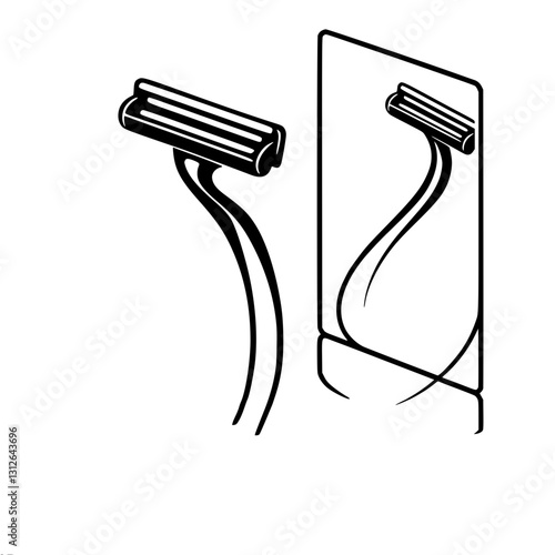 Black and white outline vector illustration of a razor and its reflection in a rectangular mirror