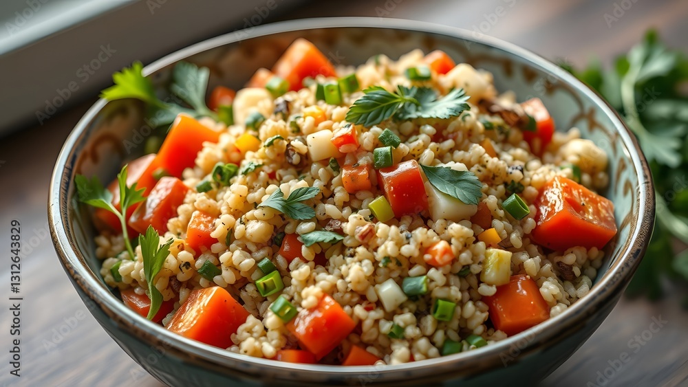 A vibrant bowl of fresh couscous salad, filled with colorful vegetables and herbs, showcasing a healthy and delicious meal option perfect for any occasion. A vibrant bowl of fresh couscous salad, filled with colorful vegetables and herbs, showcasing a healthy and delicious meal option perfect for any occasion.