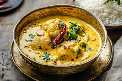 Traditional Indian Kadhi Pakoda with Steamed Basmati Rice, Pickled Chilies, and Ghee Drizzle in Brassware