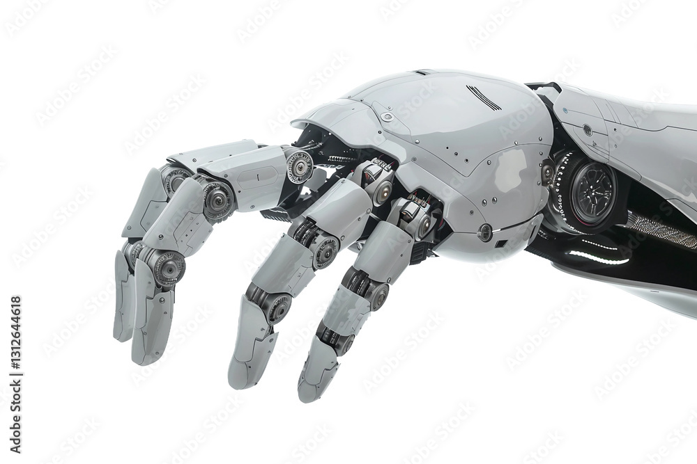Naklejka premium Smart robotic hand showcasing a virtual object with precision isolated on transparent background