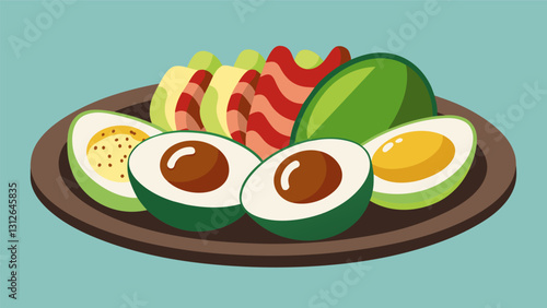 Transform boring snacking with this creative platter including hardboiled quail eggs sliced avocado and baconwrapped dates for a delectable. Vector illustration