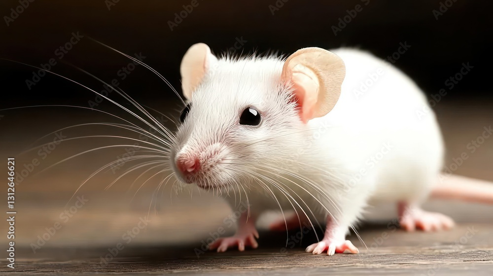Closeup of a White Mouse on a Dark Wooden Surface Closeup of a White Mouse on a Dark Wooden Surface