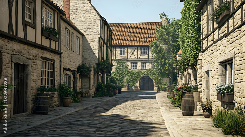 Fototapeta premium Sunlit Cobblestone Street in Medieval Town
