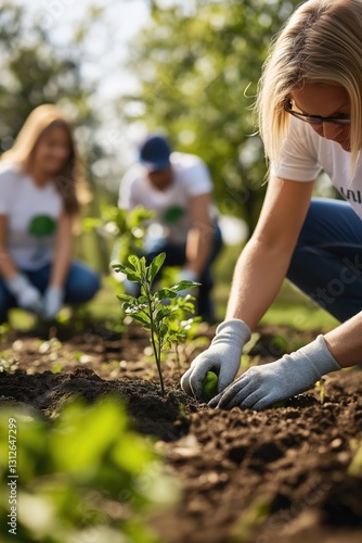 A group of diverse volunteers planting trees in a community park, wearing gloves and working together to support environmental sustainability and reforestation