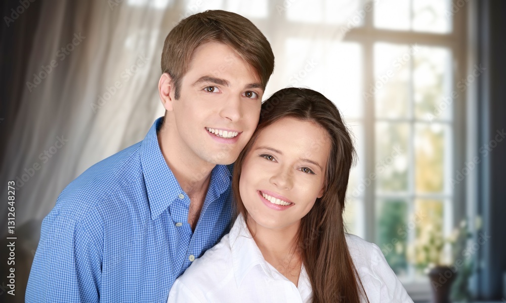 Portrait of beautiful happy couple hug at home Portrait of beautiful happy couple hug at home