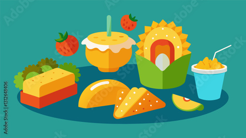 Take your snacking to the next level with this street food spread featuring fluffy empanadas crispy fish tacos and tangy elote corn.. Vector illustration