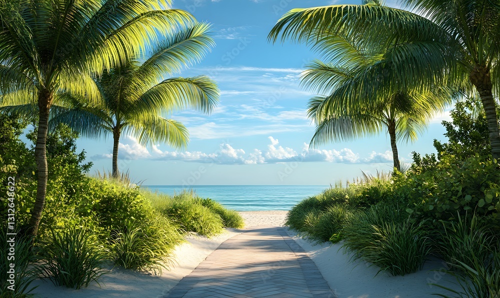 Fototapeta premium A Beautiful Path Leading to the Ocean with Palm Trees and Blue Sky above