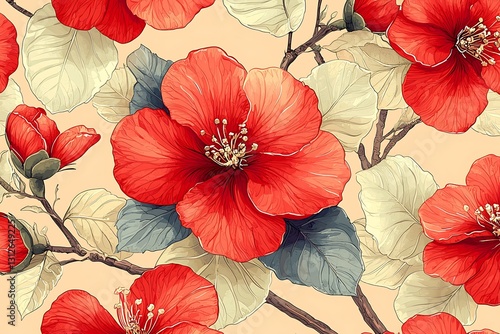 Red flowers, beige background, seamless pattern