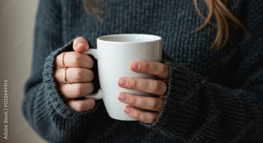 A close-up of a person holding a plain white ceramic mug with both hands dressed in a dark gray knit sweater with sleeves that partially cover her hands adding to the sense of warmth and comfort A close-up of a person holding a plain white ceramic mug with both hands dressed in a dark gray knit sweater with sleeves that partially cover her hands adding to the sense of warmth and comfort