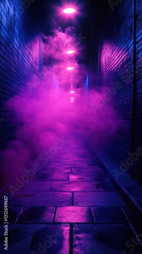 Enigmatic alleyway illuminated by purple mist during twilight in an urban setting