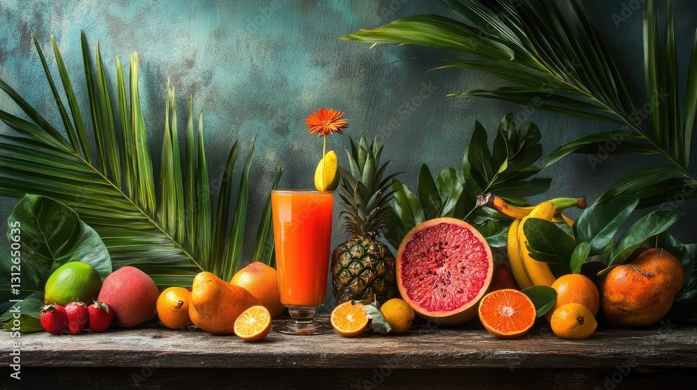 Vibrant Tropical Fruit Arrangement with Juice and Lush Greenery on Rustic Wood Background Vibrant Tropical Fruit Arrangement with Juice and Lush Greenery on Rustic Wood Background