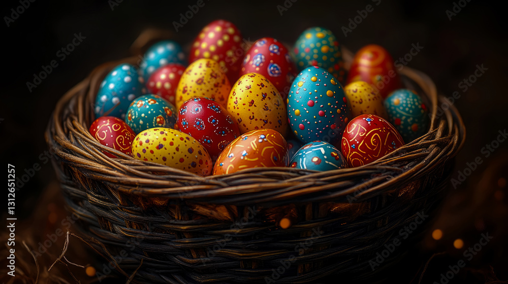 Fototapeta premium Concept: Easter celebration. A wicker basket filled with colorful decorated eggs for an Easter holiday, festive mood